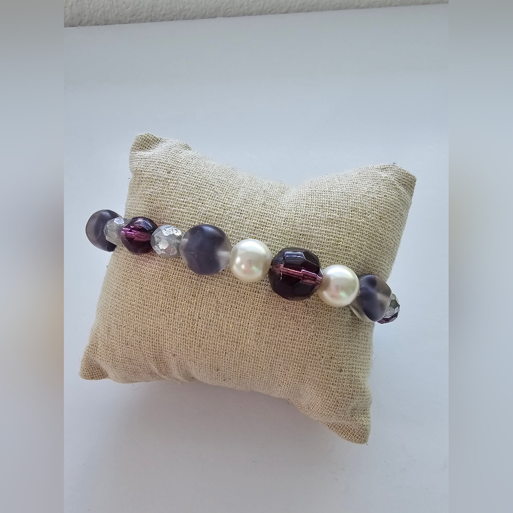 Large Wrist Purple Bead Strung Bracelet With Silver Tone Hardware